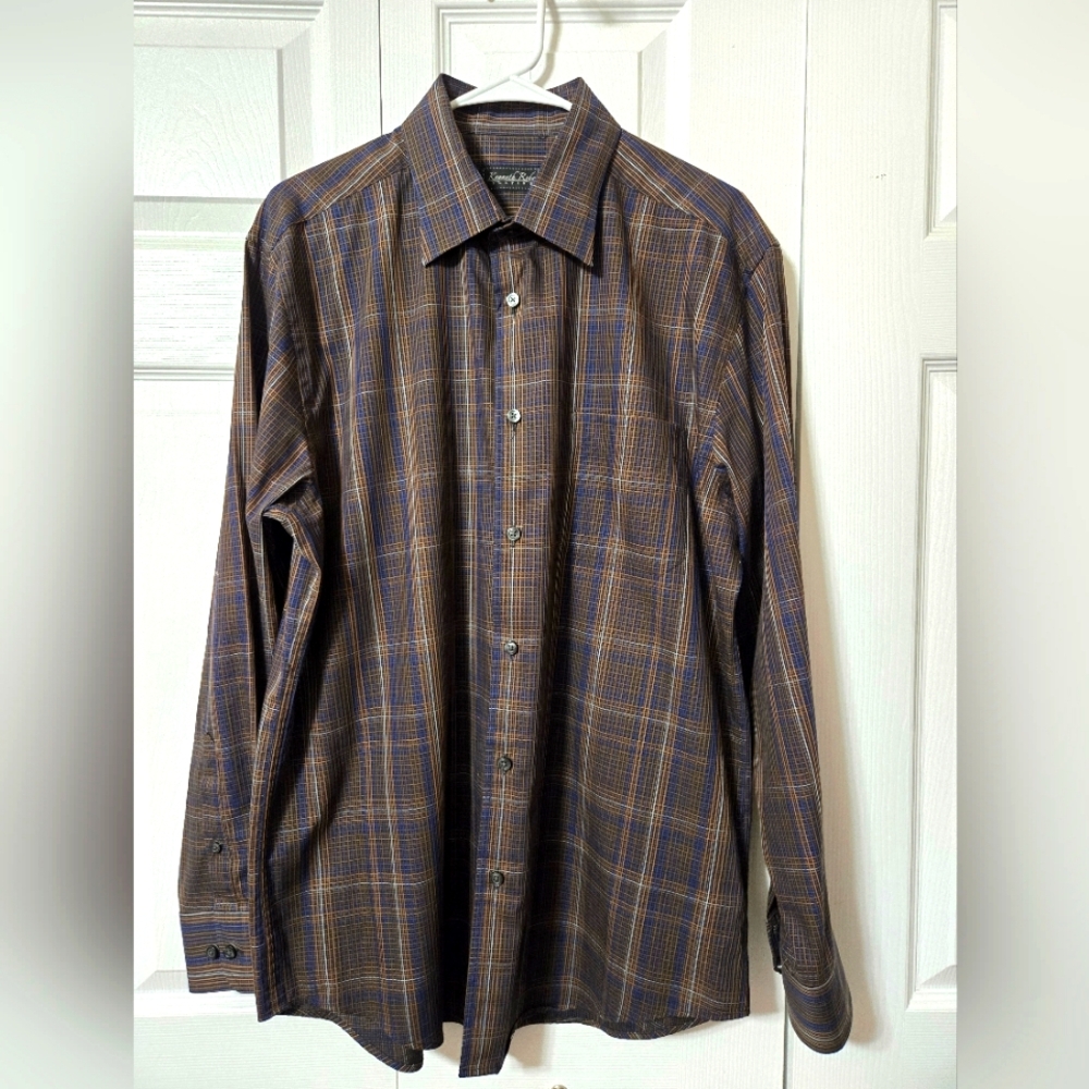 Navy Blue & Brown Plaid Men's Button Down Shirt, Size Large, Like New Condition